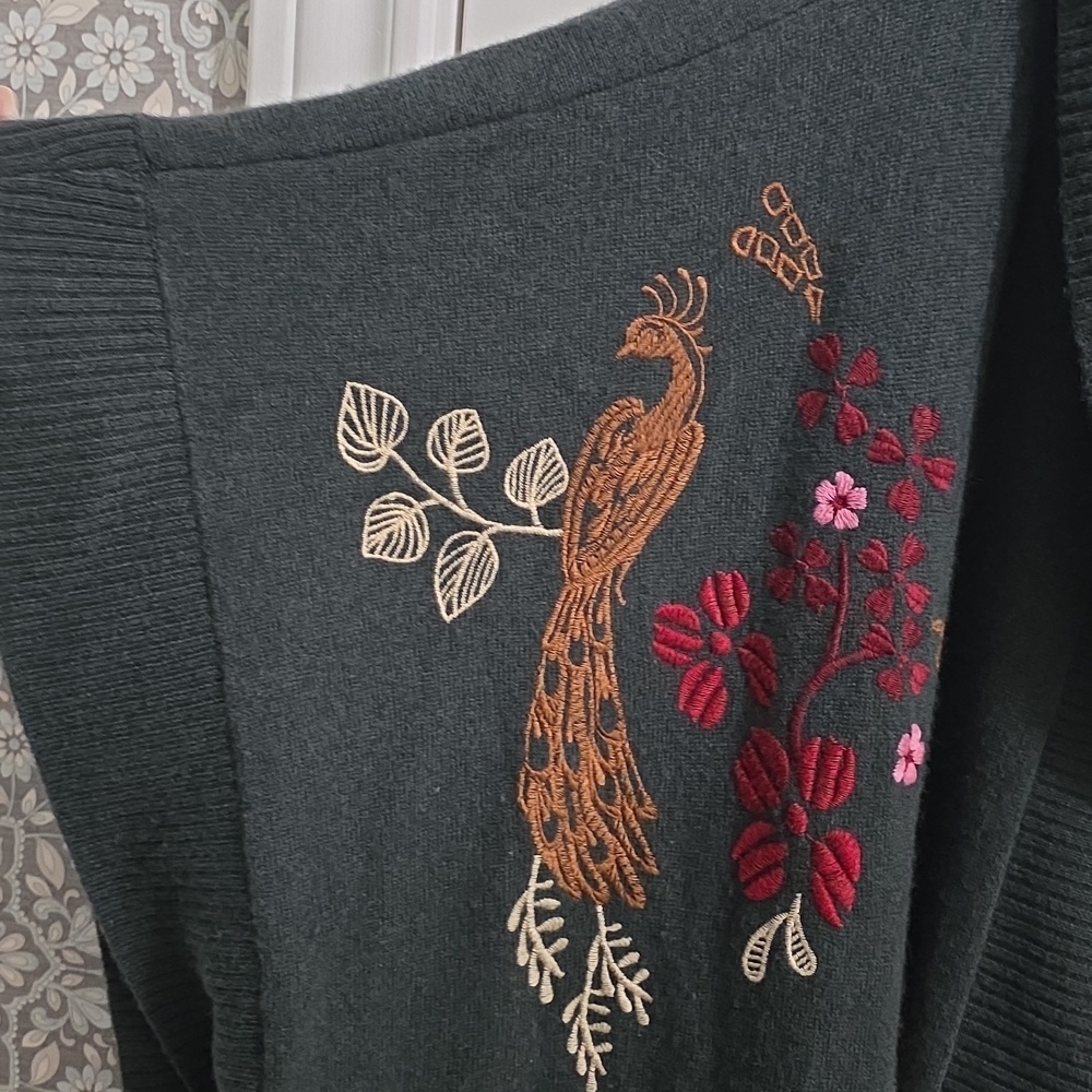 Johnny Was ZuZu Cape Floral Bird Embroidered Wool Cashmere Duster Sweater Hood - Picture 11 of 14